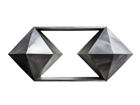 Abstract geometric shape composed of two silver pyramids connected by a thin bar.  A modern minimalist design.