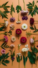 Flat lay of fresh cut flowers of garden for herbarium on beige background
