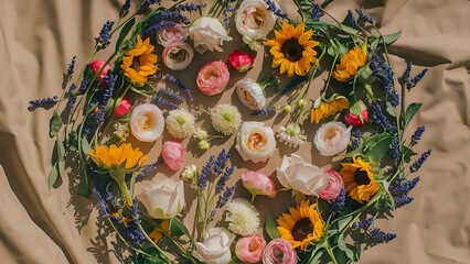 Flat lay of fresh cut flowers of garden for herbarium on beige background