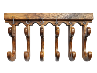 Rustic wooden coat rack with six hooks, perfect for a farmhouse or country home.