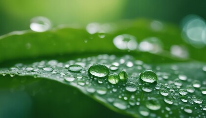 Beautiful large drop morning dew in nature, selective focus. Drops of clean transparent water on leaves. Sun glare in drop. Image in green tones. Spring summer natural background.
