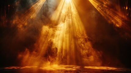 Fototapeta premium a dark, smoky background with a bright, golden spotlight shining down from the top. 