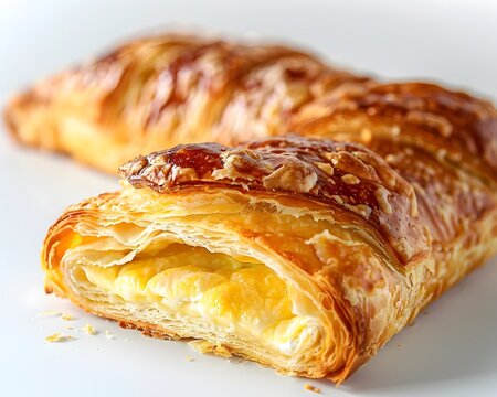 Close up of Warm Flaky Danish Pastry Filled with Sweet Cream Cheese on White Background - Powered by Adobe