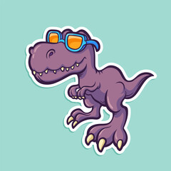 Vector hand-drawn illustration of tyrannosaurus with sunglasses isolated on white. Cartoon sticker with cool dinosaur. T-rex in comic style.