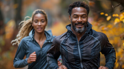 Fototapeta premium A man and a woman are running in the park. They are both smiling and look happy. The man is in the foreground and the woman is in the background.