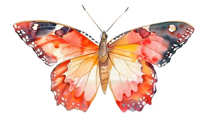 A watercolor painting of a red, orange, yellow and black butterfly isolated on a white background