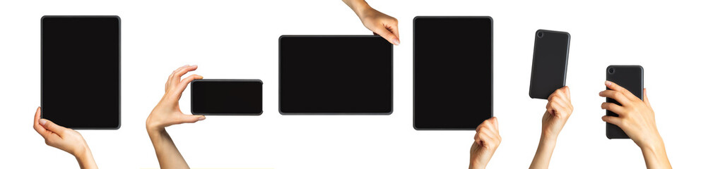 Mockup of smartphone, tablets and women's hands, concept of mobile shopping, taking a photo and selfie