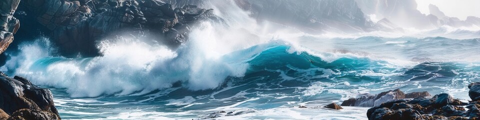Powerful ocean waves crash against jagged rocks on a dramatic coastline, creating a breathtaking spectacle perfect for adventure seekers. Generative AI