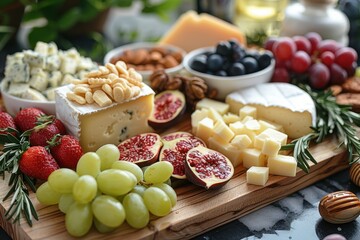 A gourmet cheese board featuring an assortment of aged cheeses, fresh fruits, nuts, and honeycomb, all displayed on a wooden board. 