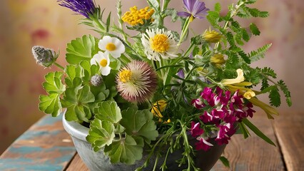 Medical flowers herbs in mortar clover milfoil tansy rosebay