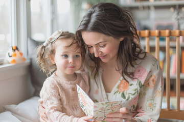 Woman reading Mother's Day card and kissing daughter.