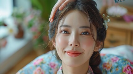 Obraz premium Beautiful elegant korean woman in receiving head massage 