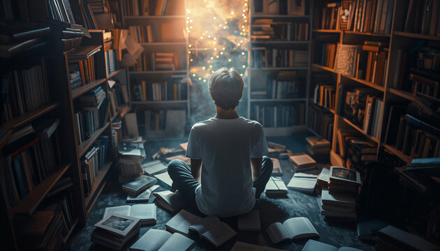 A person surrounded by books in a magical library, with a glowing doorway leading to an enchanting world, embodying the wonder and adventure of reading