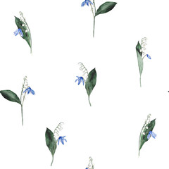 Seamless pattern with bouquet of the light blue scillas and white lilies of the valley and green leaf - first spring flowers with bow. Watercolor botanical isolated illustration of flowers. Hand drawn