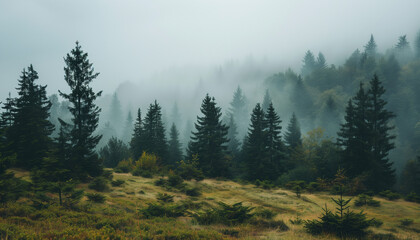 A misty forest landscape with tall pine trees, creating a mysterious and serene atmosphere, perfect for nature lovers and those seeking tranquility