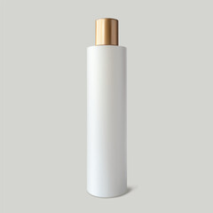 Shampoo bottle with golden cap. White beauty product mockup isolated realistic illustration