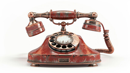 a 3D rendering of a vintage telephone. The phone is made of metal and has a rotary dial. The phone is painted red and has a weathered look.
