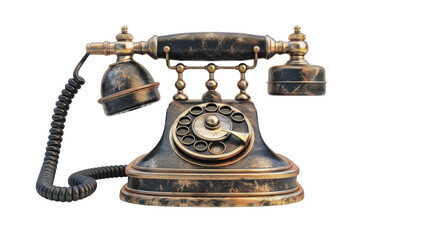 a 3D rendering of an antique telephone. The phone is made of metal and has a black dial. The phone is sitting on a white surface.