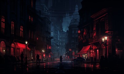 Obraz premium Red-Lit City Street at Night