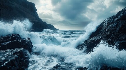 Obraz premium A dramatic image of powerful waves crashing against rugged cliffs, creating a scene of raw power and beauty. Generative AI