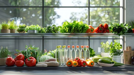 Fresh vegetables are on glass display shelves