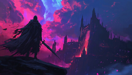 A dark fantasy scene with a lone warrior facing a glowing, mystical castle, filled with an eerie and magical atmosphere, perfect for adventure and fantasy lovers