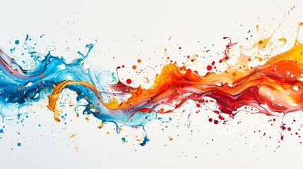Abstract colorful paint splashes collide and flow on a white background.