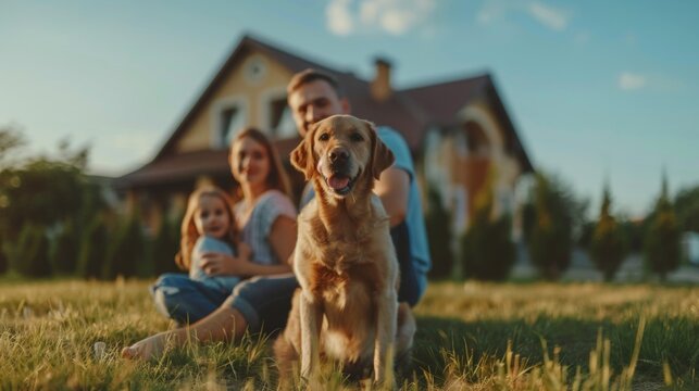 A happy family with dog in front of a masion house home at sunset