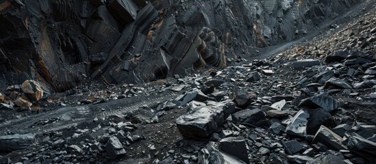 Fototapeta premium This is a photo of a rocky road. The road is surrounded by large boulders and looks dangerous to drive on.