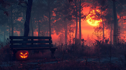 Jack o' lantern pumpkin near the bench on a mystery evening, burning sunset, mysterious dark forest. Halloween concept.