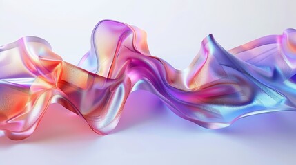 Fototapeta premium Abstract iridescent ribbon flowing in a wave-like motion against a white background.