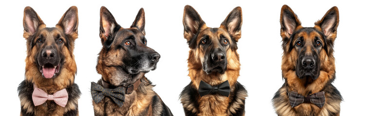 Collection of german shepherd dogs with bow tie isolated on transparent background.