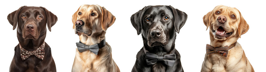 Fototapeta premium Collection of labrador dogs with bow tie isolated on transparent background.