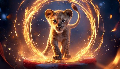 A young Lion Cub in a circus jumps over a burning ring of fire.