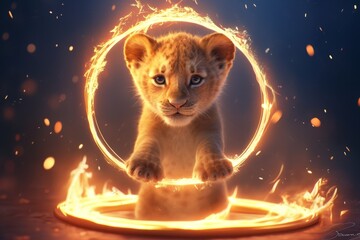 A young Lion Cub in a circus jumps over a burning ring of fire.