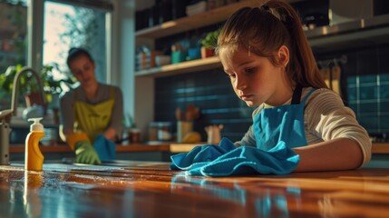 The girl cleaning kitchen