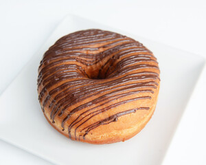 Chocolate Doughnuts Isolated, Brown Donuts with White Stripes, Cocoa Doughnuts on White Background