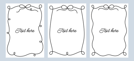 Set black wavy frames template with space for text. Hand drawn curl frames with bows isolated on background. Vertical border frame cards.