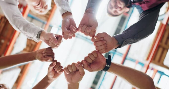 Warehouse, hands and fist bump for success, teamwork and victory of stock management. Collaboration, solidarity and celebration of factory staff with support, partnership and achievement of employees