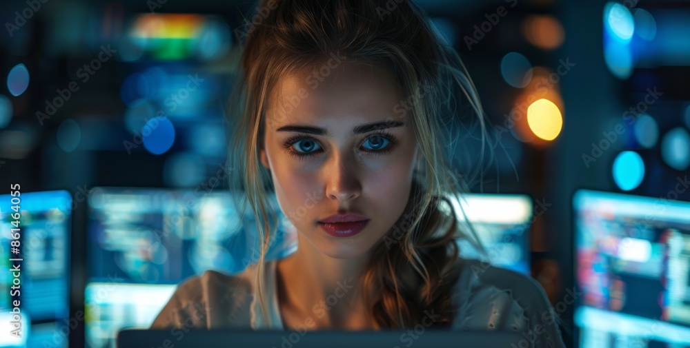 Poster cinematic shot of a female software developer working late in front of multiple screens