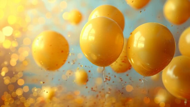 Yellow festive birthday party celebration background with air balloons, confetti, copy space, slow motion footage