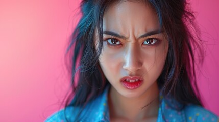 Beautiful korean woman smilling white teeth, 25 year old, angry expression, trendy costume