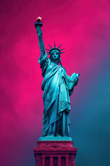 Fototapeta premium Stylized Independence Day poster featuring the Statue of Liberty against a vibrant pink and blue night sky with stars, celebrating the 4th of July.