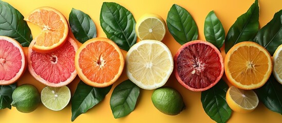 Citrus Fruits and Green Leaves on a Yellow Background