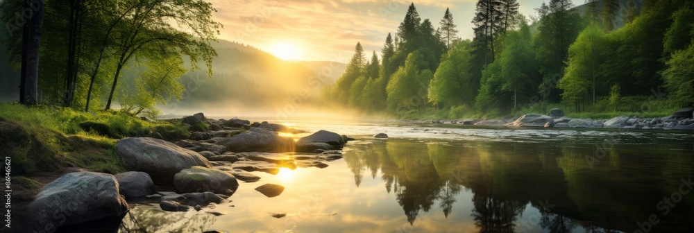 Wall mural Tranquil scene of a panoramic landscape with sunset and sky over idyllic lake and river with reflection