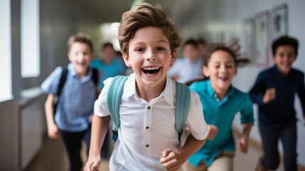 Fototapeta premium schoolchildren run out of school after lessons