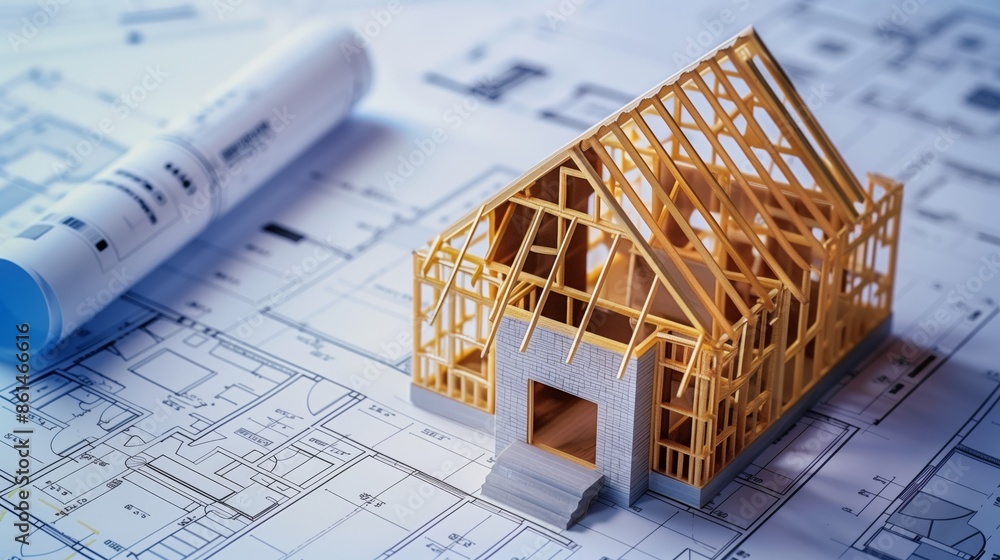 Poster 3d rendering project of new building model house on blueprint plan