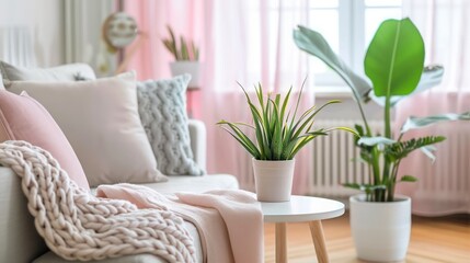 Scandinavian Living Room: Bright Interior with Plant, Herringbone Parquet, and Pink Accented Couch, Perfect for Modern Home Decor