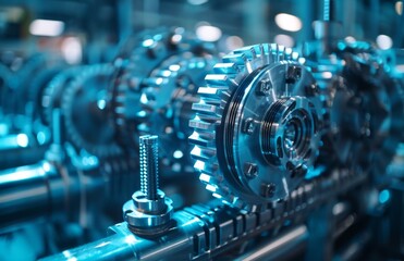 Fototapeta premium Close-up of industrial machine with gears and bolts in a modern factory setting