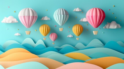 Whimsical Hot Air Balloons Over Colorful Rolling Hills
